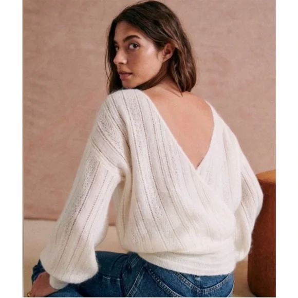 SEZANE Blue Mohair Wool V Neck Crossover Cristina Sweater Balloon Sleeve Jumper - Picture 11 of 17